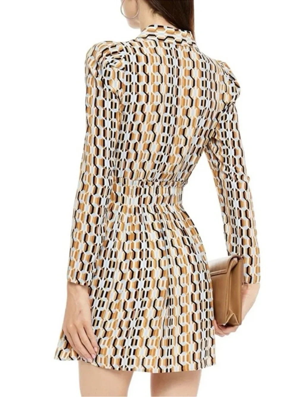 Maje Geometric Print Long-Sleeve Shirt Dress in Beige, Black, and White